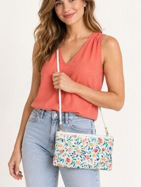 Vintage Made in USA White Leather Floral Crossbody Bag NWT